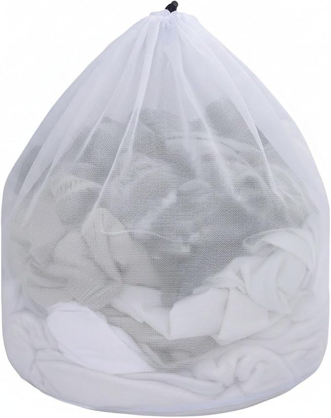 Laundry Mesh Bag with Drawstring, Polyester Net for Delicates, Lingerie, and Knits, White (1 PC)