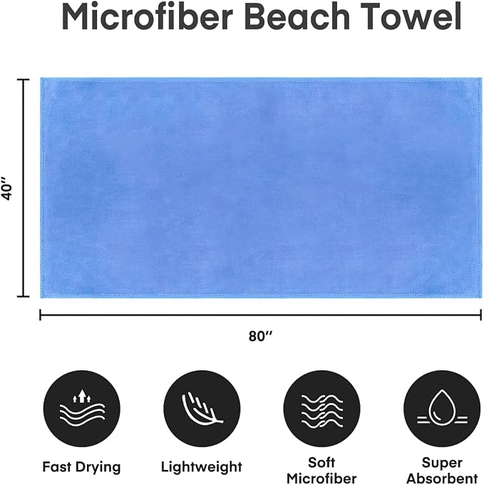JML Extra Large Bath Sheet Towels, 40" x 80", Blue, Pack of 2 | Microfiber, Hanging Loop, Super Absorbent, Fast Drying, for Sauna Sports Fitness Yoga