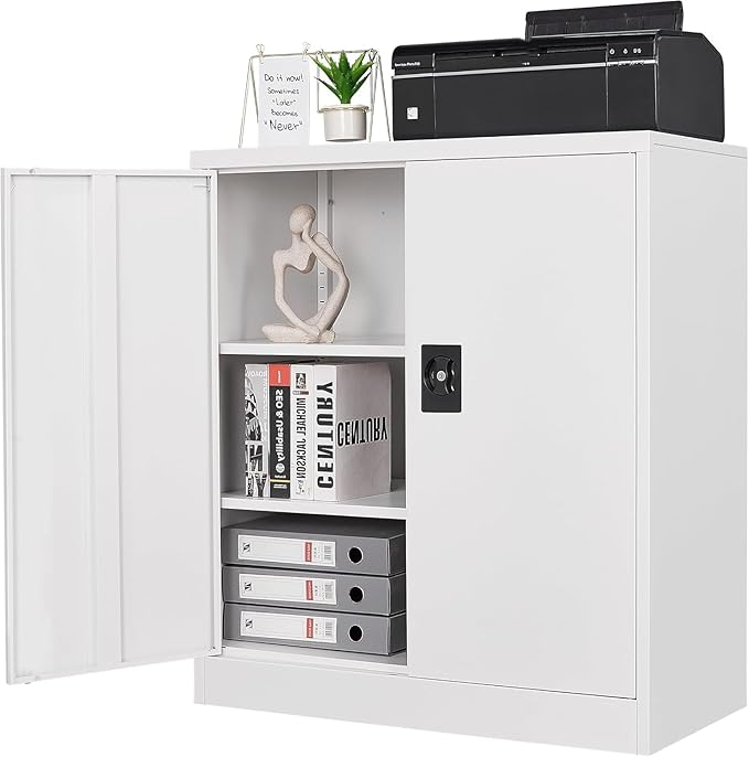 Metal Storage Cabinets with Lock Door,2 Adjustable Shelves Organizer Steel Storage Cabinets for Home,Office,Warehouse,Garage,Employee Lockers(White)