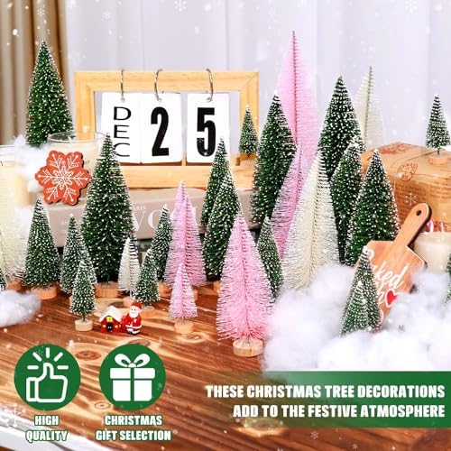 30Pcs Mini Christmas Trees Artificial Christmas Tree Bottle Brush Trees with Wooden Base for Christmas Decor Christmas Party Home Table Craft Decorations(Green+Beige+Pink)
