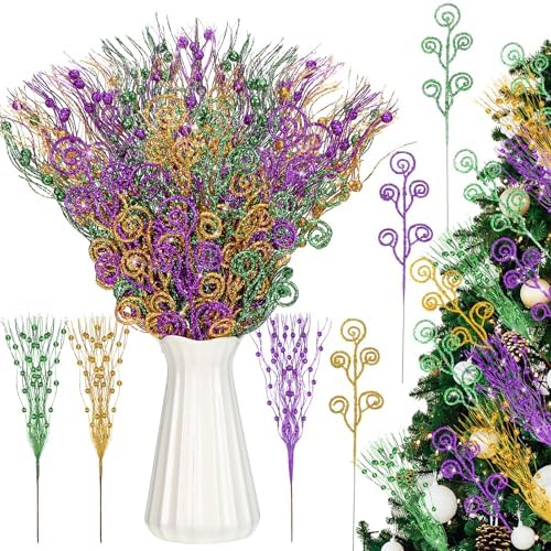 Daifunli 36 Pcs Christmas Tree Picks Sprays,17'' 12'', Gold, Purple, Green