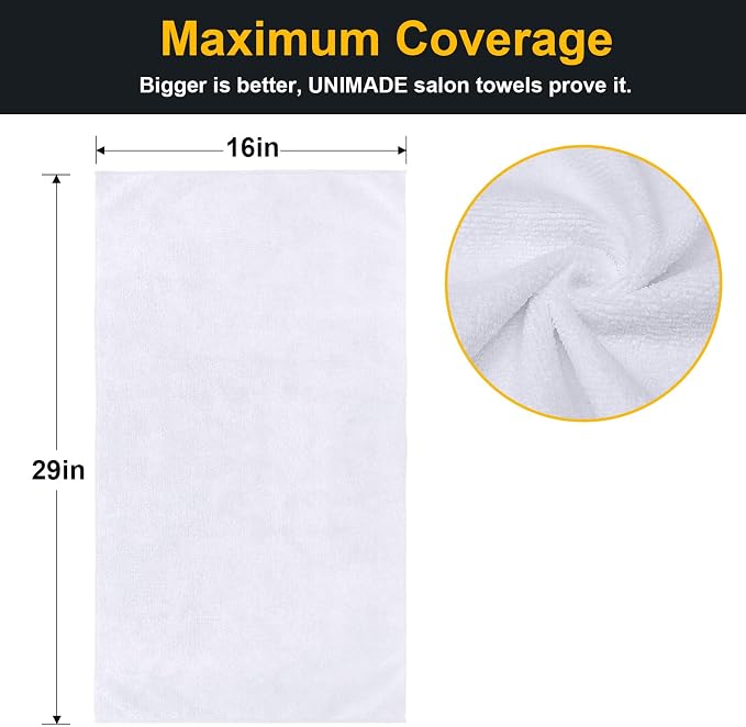 UNIMADE Salon Towels 24 Pack, Super Soft Microfiber Hand Towel | Highly Absorbent Hair-Drying Cloth for Gym, Bath, Spa Use and Home Beauty Care - White (16x29 inch)