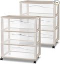 Sterilite 2 Pack Wide 3 Drawer Storage Cart, Rolling Organization, Grey | Clear Plastic Organizer Drawers with Wheels for Craft Supplies, Bath Essentials, or Home Accessories