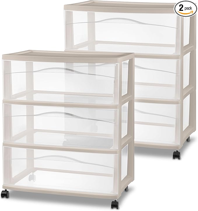 Sterilite 2 Pack Wide 3 Drawer Storage Cart, Rolling Organization, Grey | Clear Plastic Organizer Drawers with Wheels for Craft Supplies, Bath Essentials, or Home Accessories