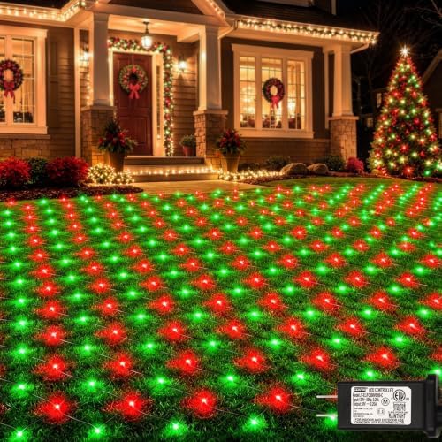 Lovelite 360LED Christmas Net Lights, 21ft x 5ft Mesh Lights Outdoor Green Wire 8 Modes Timer, Waterproof Connectable String Lights for Bushes Xmas Tree Garden Holiday Party Decor - Red Green
