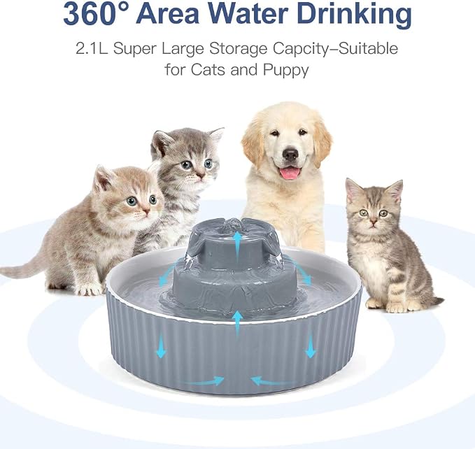 Pet Drinking Fountain: Cepheus 2.1L/71oz Cat Fountain-Automatic Water Fountain for Cats and Dogs with with Ultra-Quiet Pump(Grey)