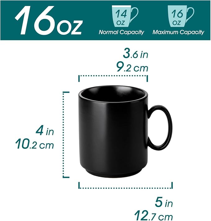 vancasso Porcelain Coffee Mugs Set of 6, 16 Oz Large Black Coffee Cups for Latte, Cappuccino, Tea & Hot Cocoa, Sleek Modern Café Style for Home, Office & Coffee Bar, Microwave & Dishwasher Safe
