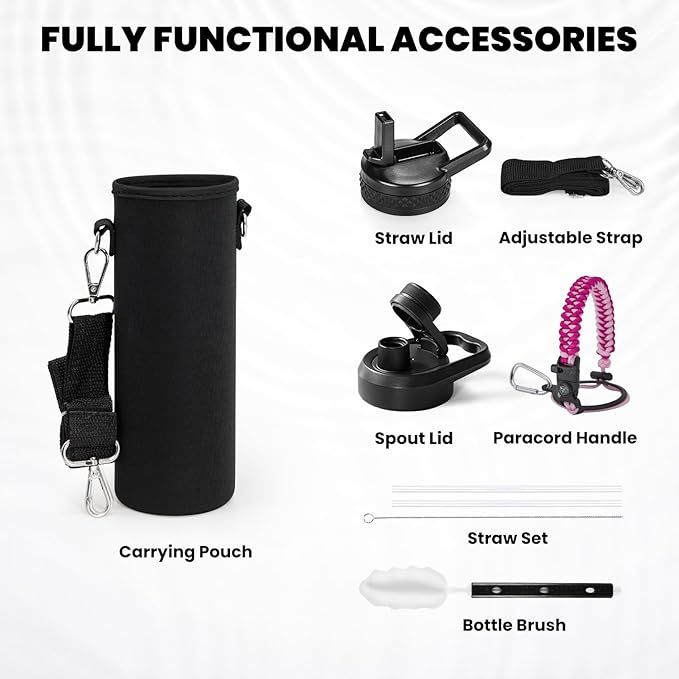 RAYMYLO Insulated Water Bottle 24 oz, Triple Wall Vacuum Stainless Steel (Cold for 24Hrs, Hot for 12Hrs), Leak Proof & Non-BPA, Modern Water Flask Jug with Paracord Handle & Straw Spout Lids