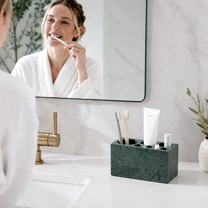 BCS Toothbrush Holder for Bathrooms, 6 Slots Open-Bottom Marble Toothbrush Organizer, Makeup Brush Stand Toothbrush Storage Collection for Bathroom Countertop Vanity Organization - Indian Green