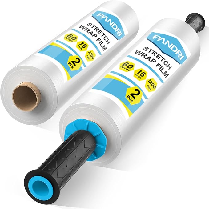 Stretch Film, PANDRI 2 Rolls Stretch Wrap with Handles Industrial Strength, Clear Shrink Wrap, Plastic Wrap for Moving Pallet Wrap, 15" x 1200 Ft Per Roll, 60 Ga, 2 Handles