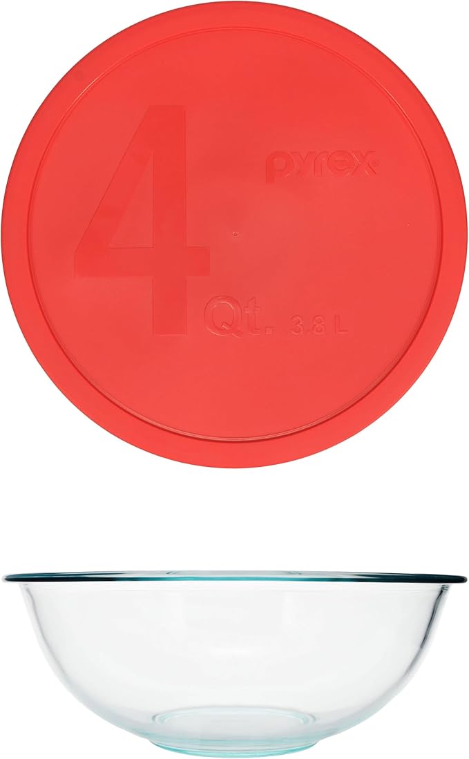 Pyrex 326 (4Qt) Glass Mixing Bowl with Red Lid - Made in USA | Tempered Glass | BPA-Free Plastic Lids | Refrigerator & Freezer Safe | Dishwasher Safe | Reusable | Meal Prep