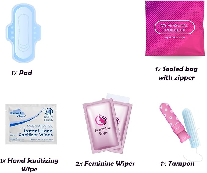 Pink Style Menstrual Kit All-in-One 60 Pack | Convenience on The Go | Period Kit Pack for Travelling, Tweens & Teenagers or just When You’re Out | Individually Wrapped Feminine Hygiene Product