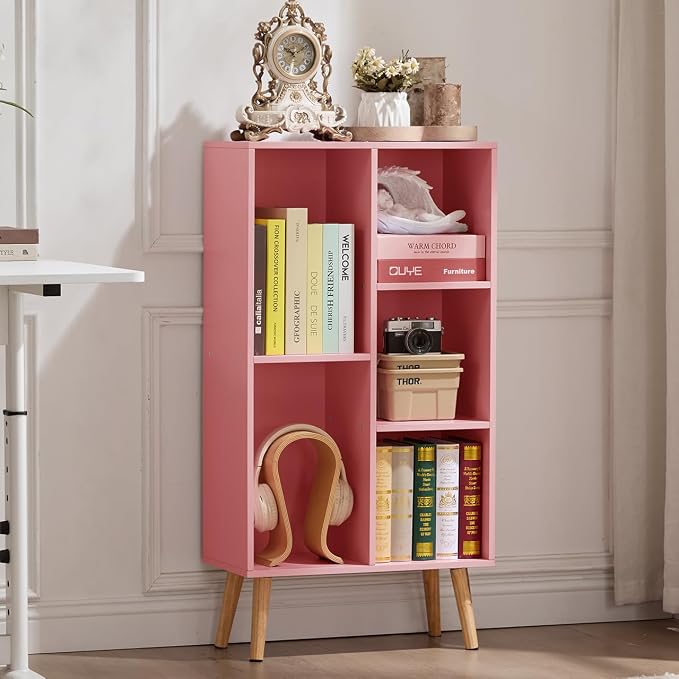 LEYAOYAO 5 Cube Bookshelf,Mid-Century Modern Bookcase with Legs,Light Pink | 3 Tier Book Shelf,Rustic Wood Bookshelves Freestanding Small Storage Organizer, Open Shelves for Bedroom, Living Room, Office