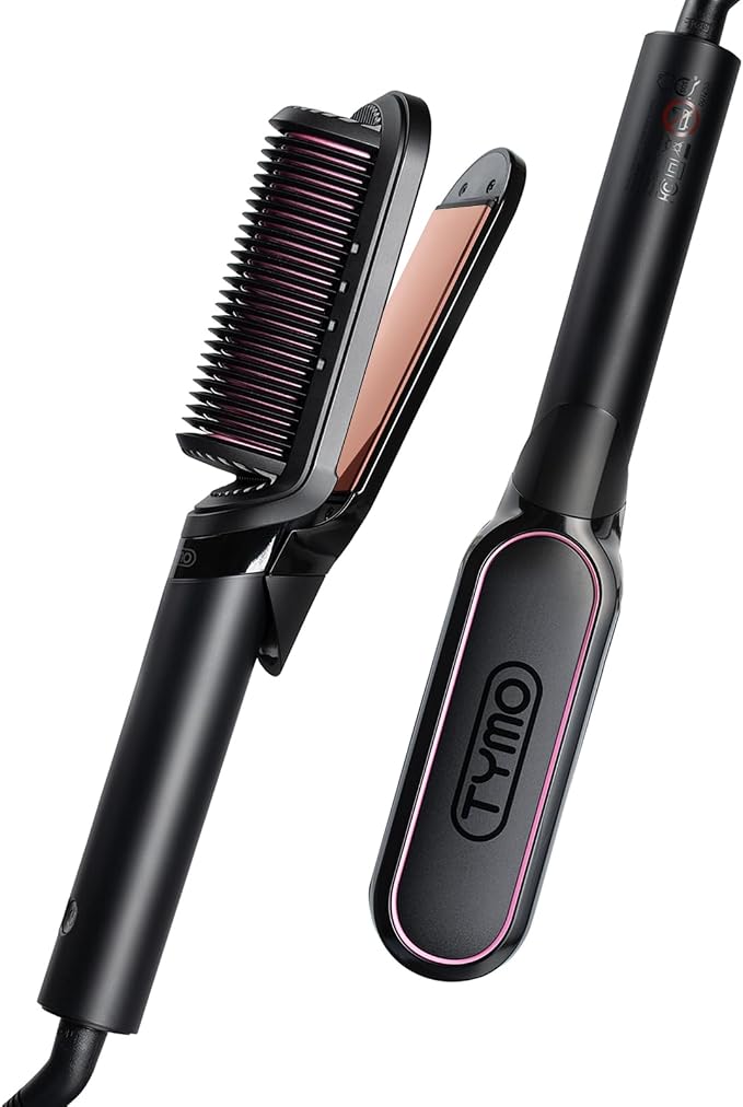 TYMO Flat Iron Hair Straightener Brush 2 in 1, 200M Ions Hair Straighteners for Women, Ceramic Straightening Hot Comb for Anti-Frizz Straights, Waves, Curl, 3X Less Heat Damage, Dual Voltage,Rose Gold