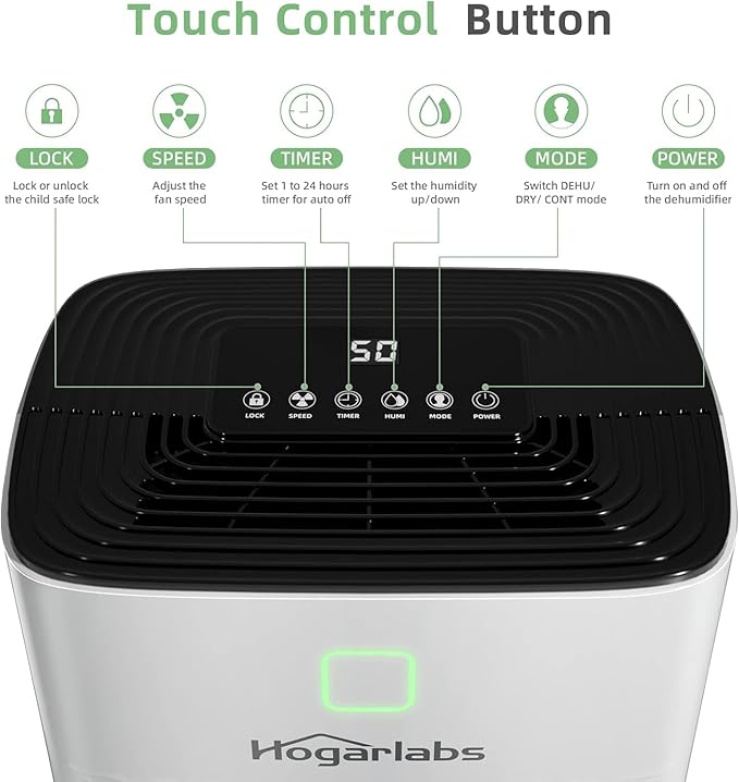 HOGARLABS 50 Pint Smart Dehumidifiers for Home and Basements, with 3 Working Modes, Overflow Protection, and Auto Shut off Restart. Ultra Silent Dehumidifier with Drain Hose and Digital Control Panel.