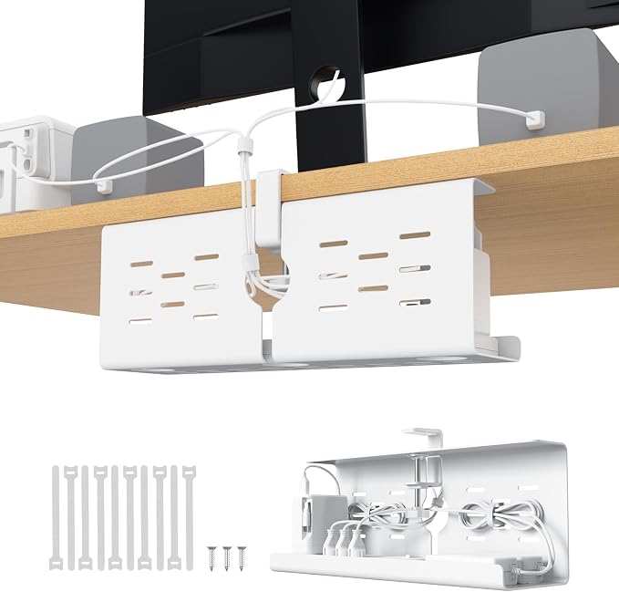 KEEGH 16'' Under Desk Cable Management Tray, No Drill Clamp Mount, Sturdy Metal Cable Tray for Power Strip, Cord Management Tray for Home Office, Gaming Desk, Standing Desk, White, 1 Pack