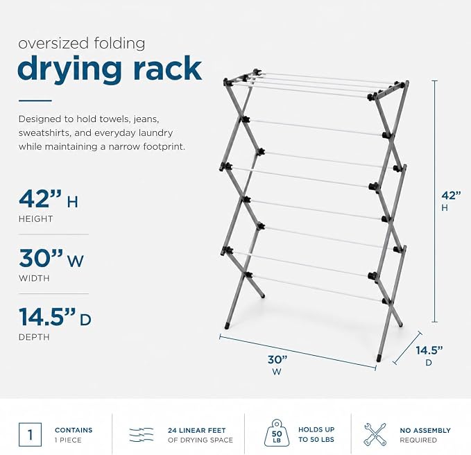 Honey-Can-Do 6-Tier Collapsible Clothes Drying Rack, 30", White | Accordion frame opens to 6 tiers with 24 ft of drying space, then folds flat to 3 in. Rust-resistant coated steel.