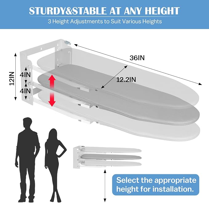 Wall Mounted Ironing Board with Height Adjustment, Foldable 36 x 12 Inch | Wall Mount Iron Board Space-Saving Ironing Board with Removable Heat Resistant Cover for Small Spaces Home Laundry Room