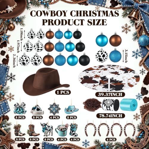 Seenelling Western Cowboy Christmas Tree Ornaments Set – 81 Pcs Rustic Cow Print Decorations with Cowboy Hat Topper Cow Print Balls Ornaments Horseshoes Tree Skirt Ribbons for Xmas Holiday Decor