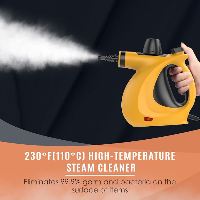 Phueut Pressurized Handheld Multi-Surface Natural Steam Cleaner with 12 pcs Accessories, Multi-Purpose Steamer for Home Use, Steamer for Cleaning Floor, Upholstery, Grout and Car (Orange)