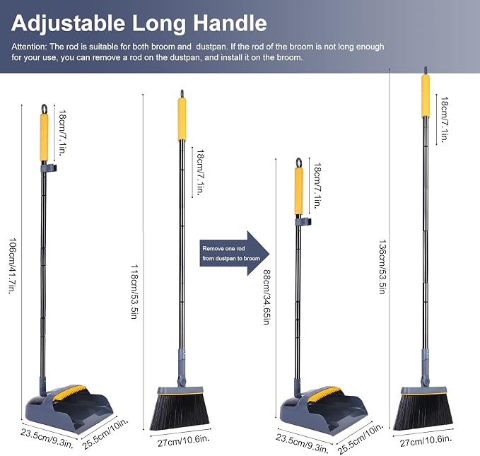 Broom and Dustpan Set, JEHONN Long Handle Lightweight Broom Set Upright Standing Dustpan Stand Up Store Sweep Set for Home Room Kitchen Office Lobby