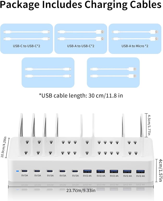 100W Charging Station for Multiple Devices, 10-Port USB Fast Charging Station with Adjustable Dividers & 10 Cables- Multi Device Organizer Charging Dock for iPhone, iPad, Tablets & More(White)