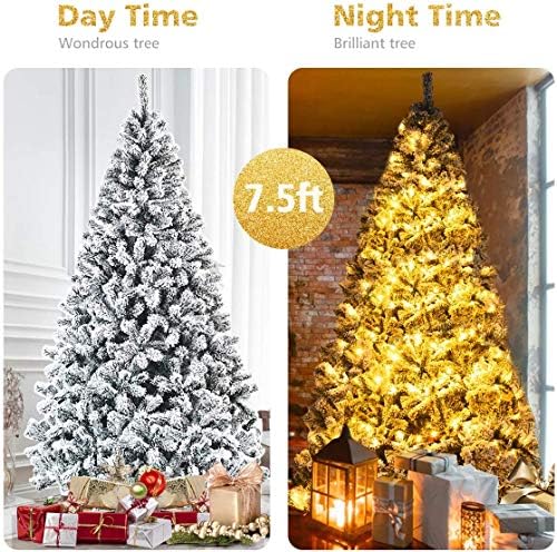 ReunionG 7.5FT Snow Christmas Tree, Artificial Flocked Hinged Pine Tree, Holiday Decoration Tree with Premium PVC Needles and Solid Metal Stand, Full Christmas Tree for Indoor Outdoor (7.5FT)