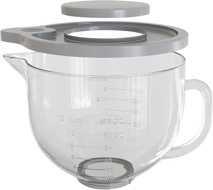 Glass Mixing Bowl 5QT Compatible with KitchenAid 4.5 & 5-Quart | Tilt-Head Stand Mixers, Includes Spout Cover, Measurement Markings & Lid, Dishwasher Safe, Microwave & Freezer Safe