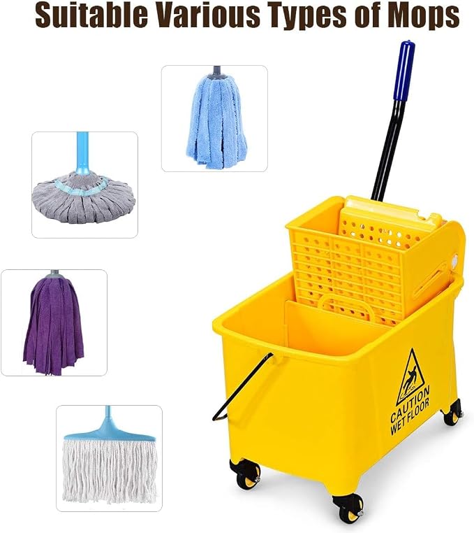 Mop Bucket, Commercial Bucket for Mopping on Wheels with Potable Handle, Mop Bucket with Wringer for Home, Household, Office, Bathroom, Yellow (21 Quarts)