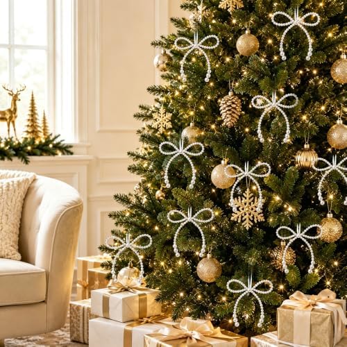 DIYDEC 18PCS Christmas Pearl Bow Ornament 4.5in Tree Topper Hanging Decor