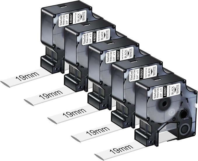 Nineleaf 5 Pack Compatible for DYMO 18057 Rhino Heat Shrink Tube Industry Label Tape 19mm 3/4" x 5ft Black on White Wire Tapes for Industrial Rhino Pro 4200 5000 5200 6000 3M PL200 300 Label Maker