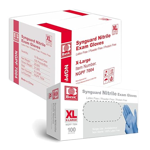 Basic Medical Blue Nitrile Exam Gloves - Latex-Free & Powder-Free - NGPF 7004 (Case of 1,000), Xtra Large