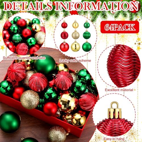 Lunmon 64 Pcs Christmas Ball Ornaments for Christmas Tree Glitter Red Gold Green Ball Ornament Hanging Christmas Decoration Assorted Size Christmas Ornament for Party Supplies, 1.6/1.97/2.4 Inch