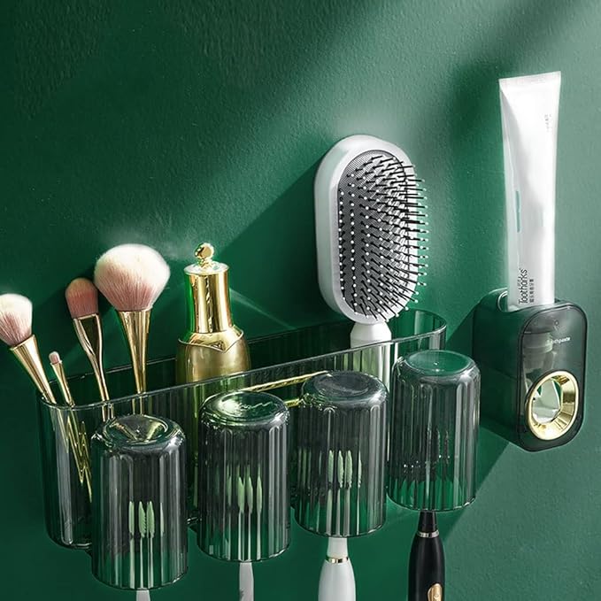 Toothbrush Rack Wall Mounted Toothbrush Holder Multifunctional Mouthwash Cup Brushing Cup Automatic Toothpaste Dispenser Squeeze Kit Bathroom Toothbrush Holder(B,XL)