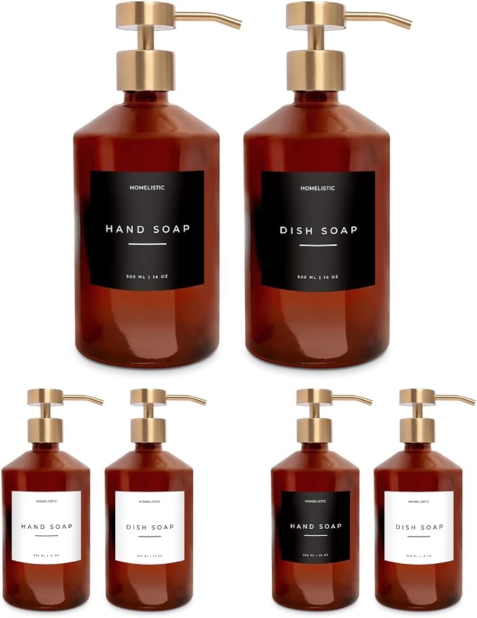 Homelistic Amber Glass Soap Dispenser Set with Champagne Gold Pump – 16oz Refillable Kitchen & Bathroom Soap Dispensers (2 Pack) Rust-Resistant Stainless Steel Pumps, 48 Labels