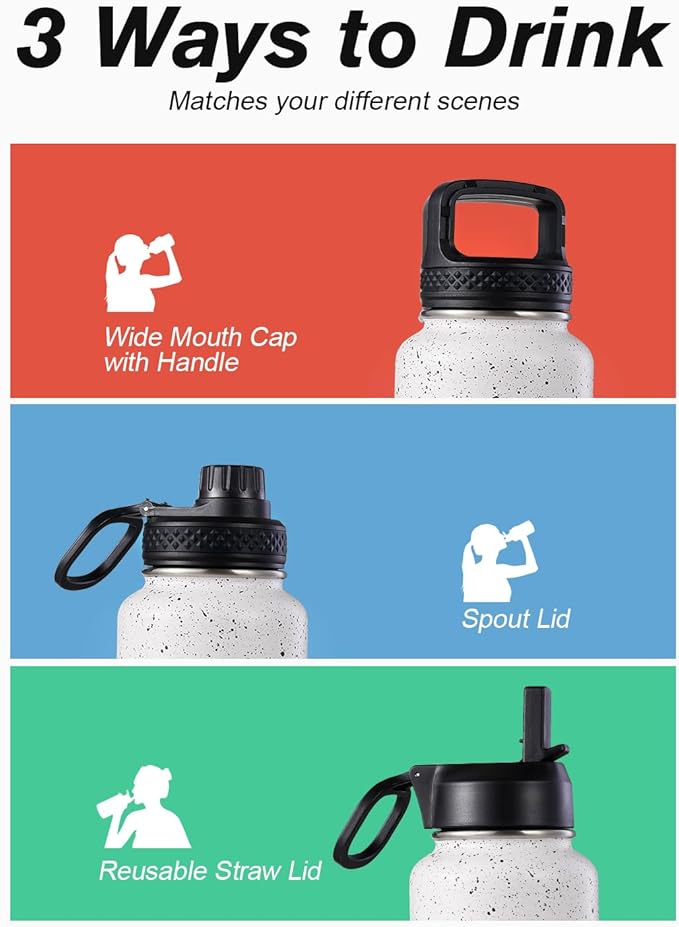 Coolflask Water Bottle 32 oz Insulated with Straw, Stainless Steel Metal 3 Lids Water Flask Wide Mouth for Sports or Office, Non-BPA Keep Cold Up to 48 Hrs or Hot Up to 24 Hrs, Arctic White