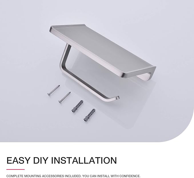Toilet Paper Holder with Phone Shelf Solid Metal Bathroom Wall Mounted Tissue Roll Dispenser Storage, Brushed Nickel