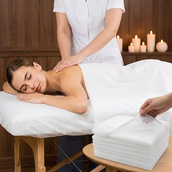 50PCS Disposable Fitted Massage Table Sheets with Elastic, Heavy Duty Elastic Disposable Bed Cover, Breathable White Sheets for Spa Massage Beauty Tattoos Non Woven Fabric 36 x 85 in