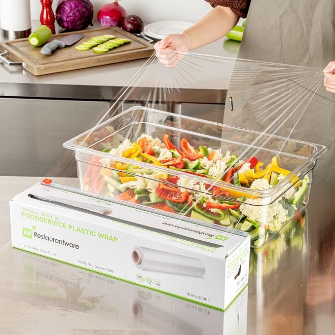 Restaurantware RW Base 18 Inch x 2000 Feet Cling Wrap 1 Roll Microwavable Cling Film - With Removable Slide-Cutter Clear Plastic Food Wrapping Film Securely Seal And Keep Food Fresh