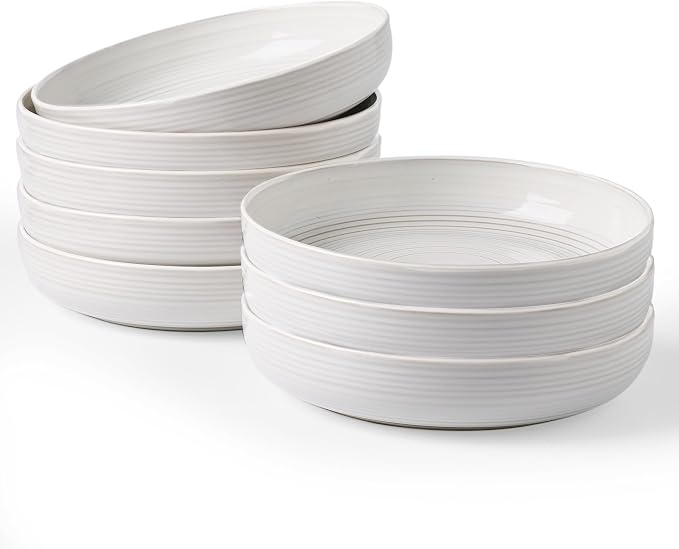 famiware Milkyway 33 oz Bowl Set, Pasta Bowls Set of 8, Salad Bowls, Double Reactive Glaze, Sturdy & Stackable, Ideal for Housewarming, Festivals, White Thread