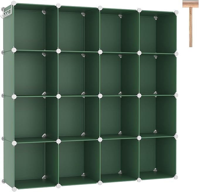 C&AHOME 16 Cube Storage Organizer Cube Shelf Units Storage Cubes, Green | Plastic DIY Closet Organizer, Stackble Modular Closet Storage Shelves Ideal for Home, Bedroom, 48.4" L × 12.4" W × 48.4" H