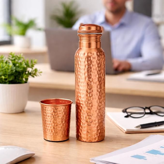 Copper Water Bottle, Hammered Ayurvedic Pure Copper Bottle For Drinking - Drink More Water, Lower Your Sugar Intake And Enjoy The Health Benefits Immediately 32 Oz With Glass