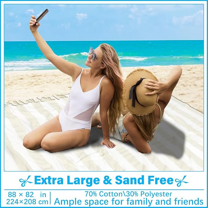 Vikumond Turkish Beach Towel Blanket Oversized 88x82 Inch Quick Dry Beige | Lightweight Compact Portable Sand Free Absorbent Boho Woven Throw for Pool Swimming Picnic Camping Cruise Outdoor Essentials