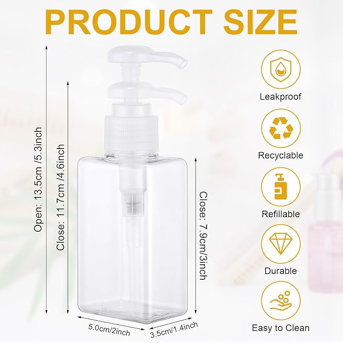 Domensi 24 Pcs 100ml /3.4 oz Pump Bottle Mini Travel Bottles Small Dispenser Containers Plastic Pump Lotion Dispenser Empty Square Travel Size Containers Toiletries (Clear)