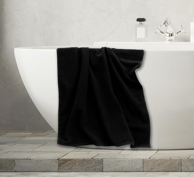 COTTON CRAFT Euro Spa Waffle Weave 6 Piece Towel Set - 100% Cotton - Black | 2 Oversized Luxurious Large Bath Towels, 2 Hand Towels, 2 Washcloths - Soft Plush Super Absorbent Low Lint Quick Dry