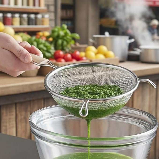 Soro Essentials- 6" Double Tinned Coarse Mesh Strainer with Pan Hooks Wooden Handle- Food Sieve Strainer Kitchen Mesh Strainer Utensil for Cooking Rice Quinoa Pasta Fruits Vegetable Home Kitchen