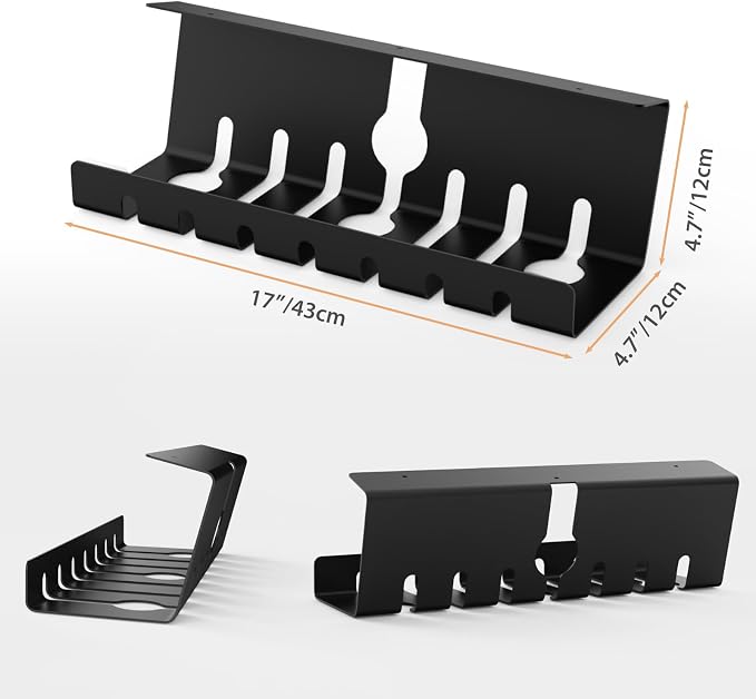 Syeeiex 17" Under Desk Cable Management Tray, No-Drill C-Clamp & Screw Mount, Heavy Duty Metal Cord Organizer with Cable Ties, for Office Home Workspace, Black