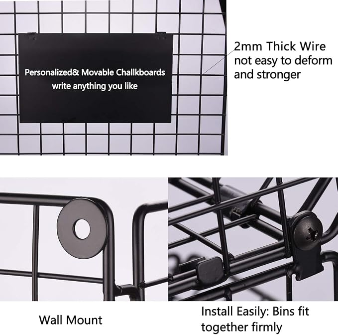 X-cosrack Metal Wire Basket Wall Mount, 3 Tier Wall Storage Basket Organizer with Hanging Hooks Chalkboards, Rustic Kitchen Fruit Produce Bin Rack Bathroom Tower Baskets (Black)