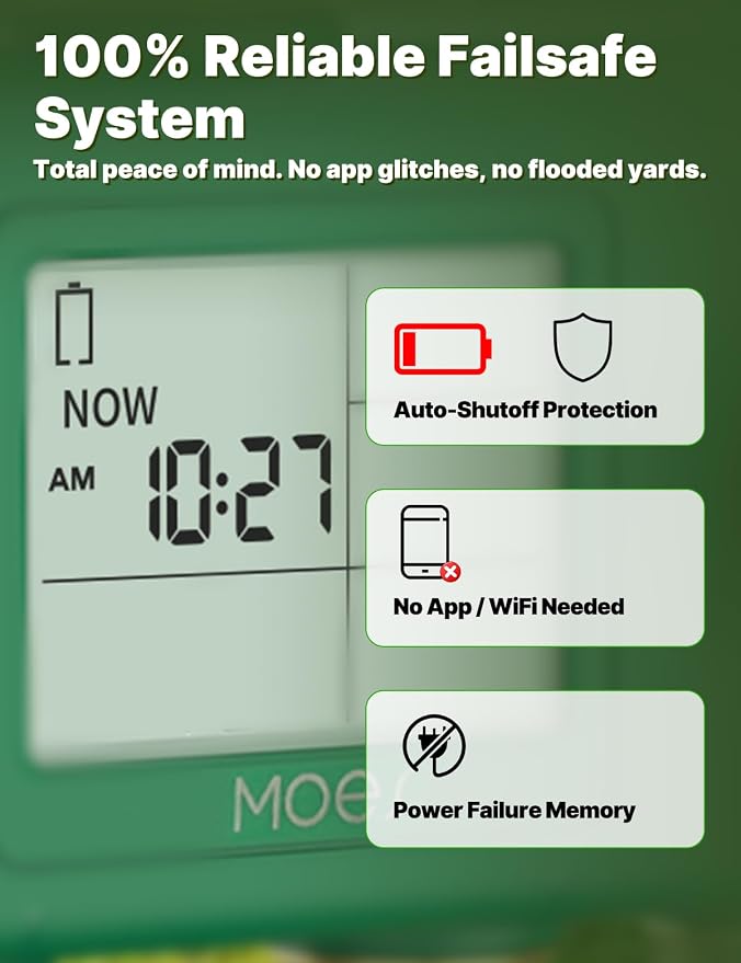 MOES 1 Zone Water Timer for Garden Hose, 3/4 in Brass Inlet and Outlet, Battery Operated Sprinkler Timer, Programmable Faucet Valve, Rain Delay, Manual Watering, Non-WiFi