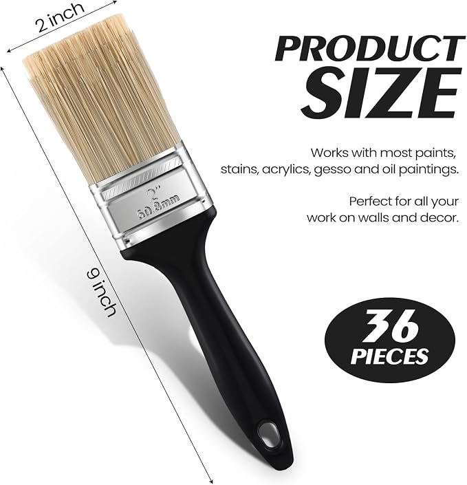 Layhit 36 Pcs Paint Brushes House Chip Paintbrush with Treated Plastic Handles Wide Flat Wall Trim Painting Tool for Paint Stains Wood Cabinet Deck Fence Door Furniture Home DIY (2”)
